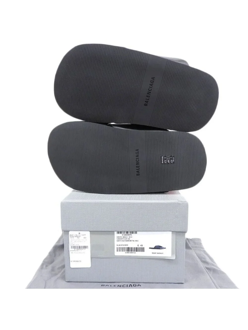 Balenciaga Sunset Flat Mule BB Logo Metal Plate Leather Sandals Shoes Black